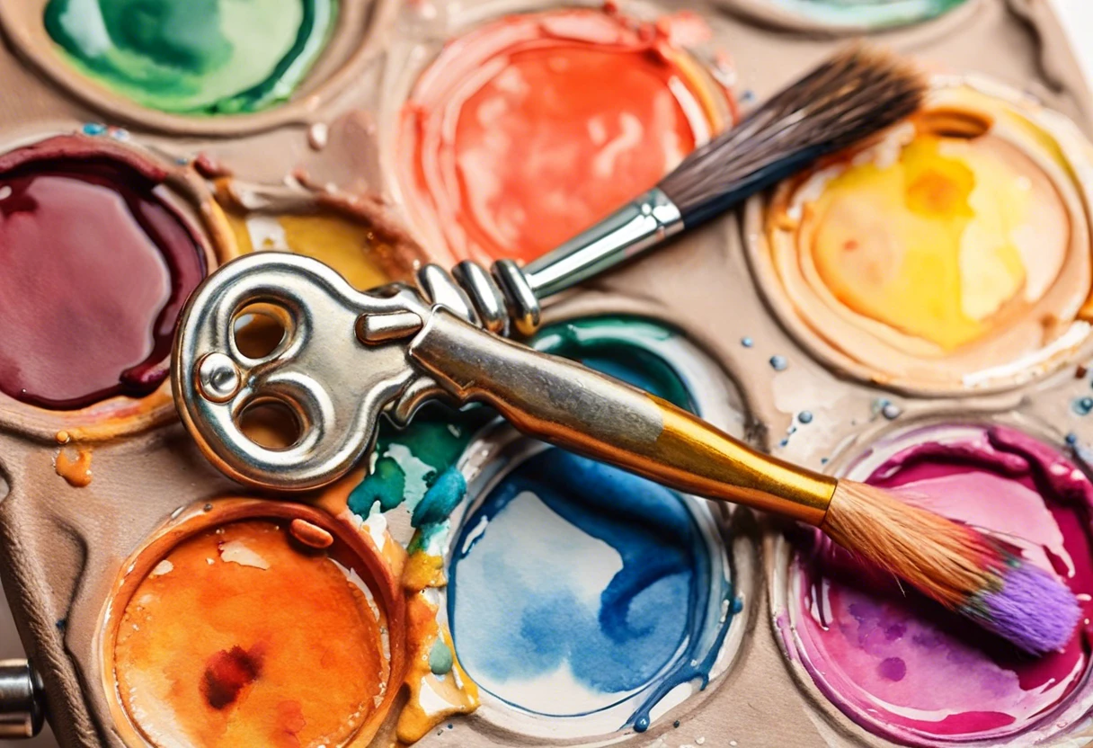 A silver key resting on a watercolor palette with vibrant paints, symbolizing access to creativity.