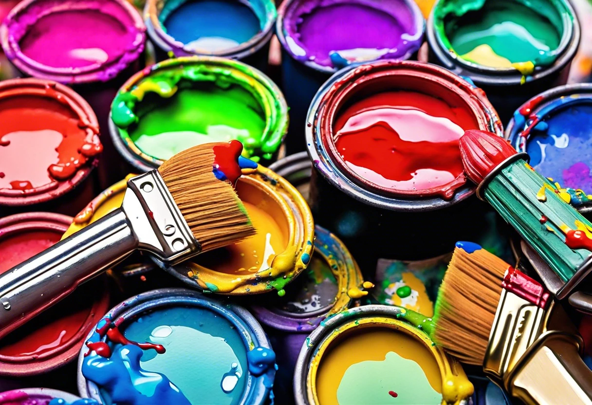 Colorful paint cans and brushes illustrating how to access your key clip paint.