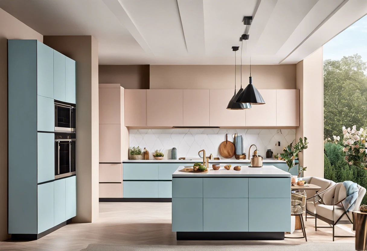 Modern kitchen with blue and beige cabinetry showcasing popular kitchen paint colors