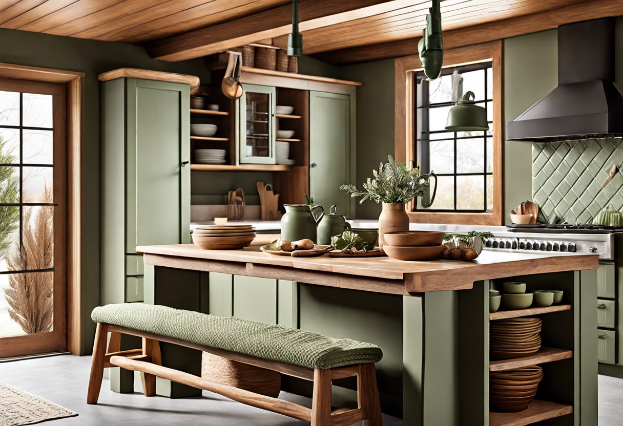 Stylish kitchen painted in green colors with wooden accents for a fresh look