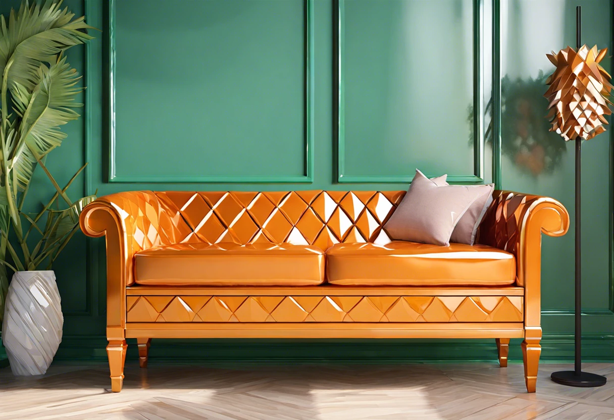 Stylish orange couch showcasing the process of lacquering over paint.