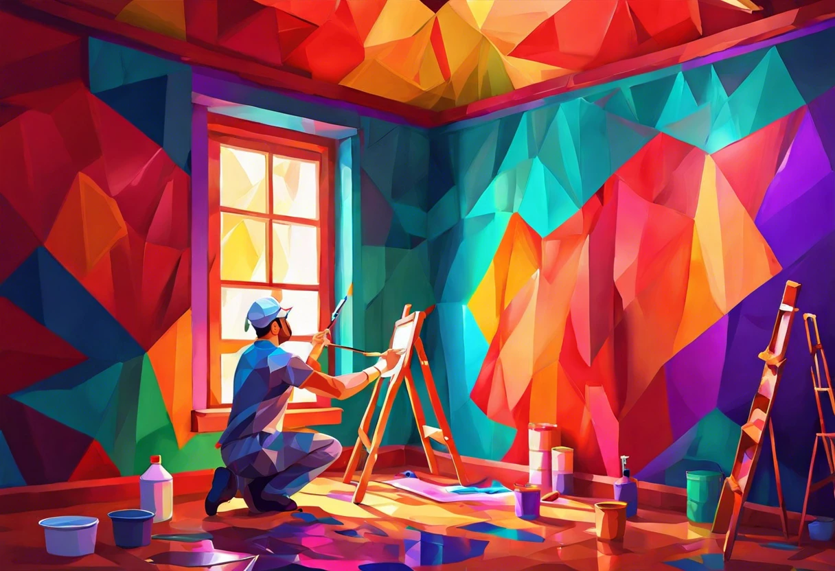 Person applying lacquer over colorful painted walls in a vibrant room.