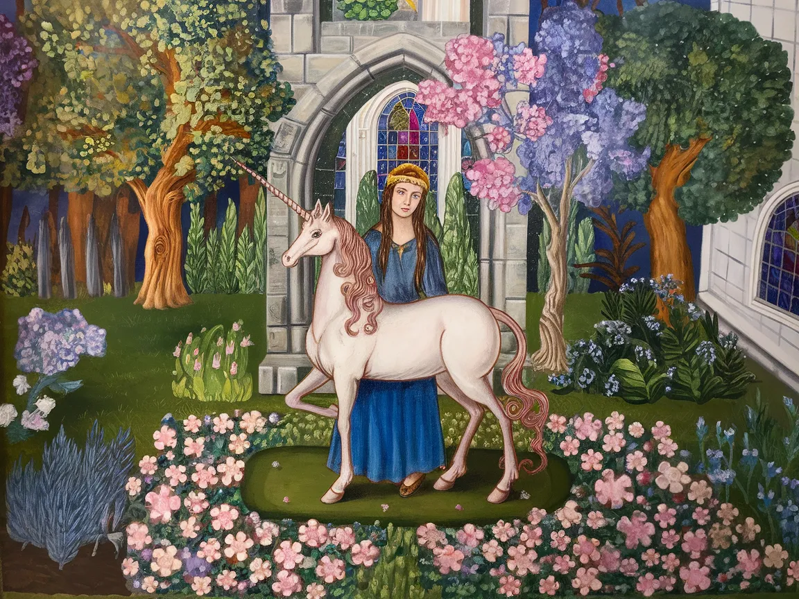 The painting of the Lady with a Unicorn standing beside a unicorn in a lush garden setting.
