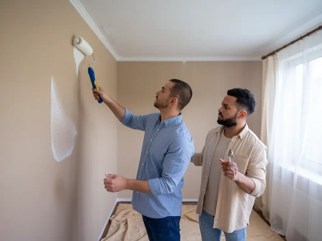 Two men painting a wall to discuss landlord charges for painting.