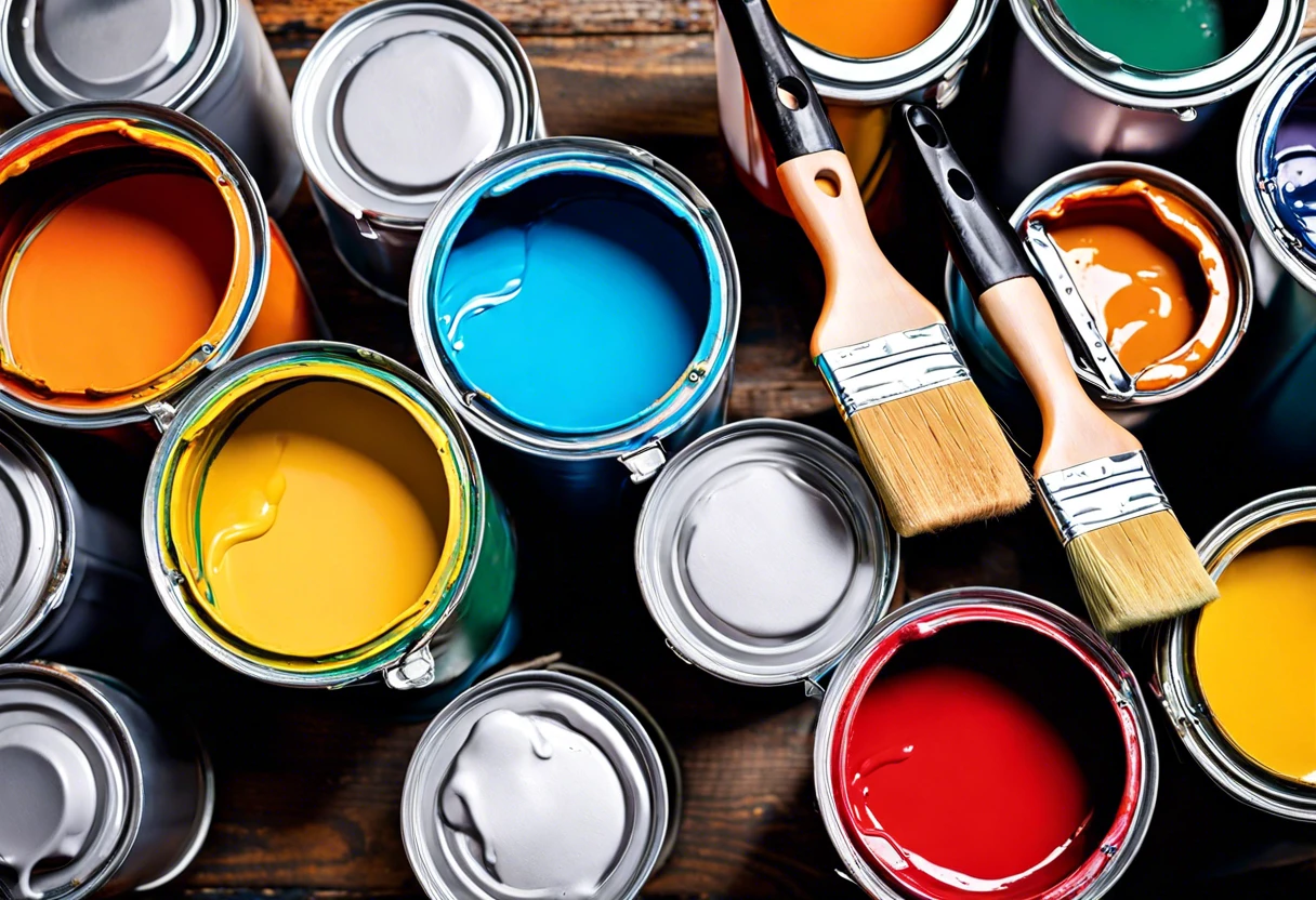 Various paint cans and brushes related to landlord and tenant painting responsibilities