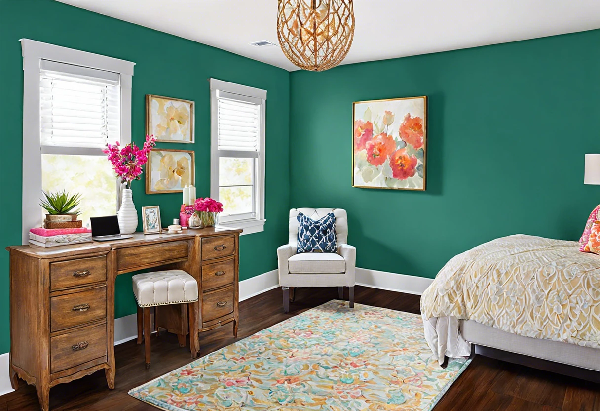 Colorful bedroom with freshly painted green walls, illustrating the issue of landlords charging for painting after tenants move out.