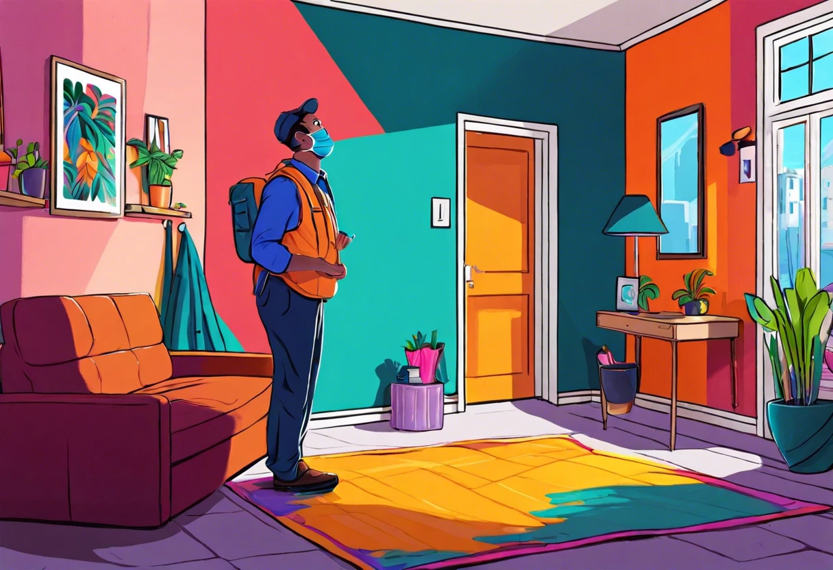 A tenant observing a freshly painted living room with vibrant walls, relevant to the discussion on whether landlords can charge for painting.