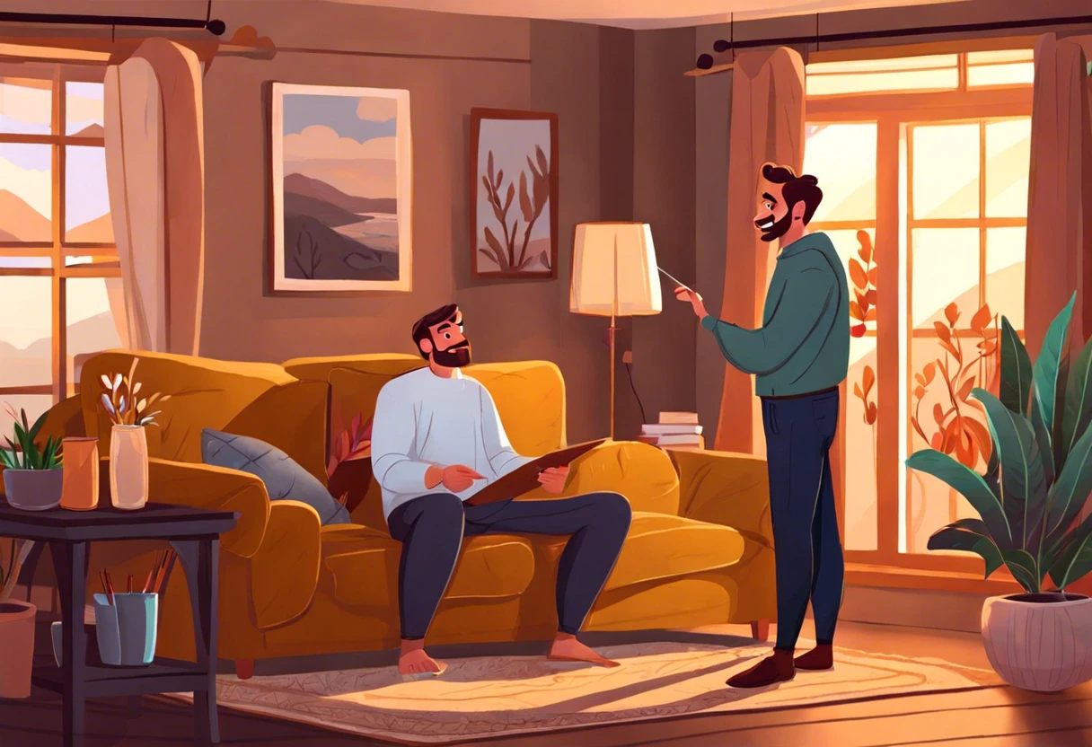 Two men discussing painting charges in a living room, relevant to landlord tenant agreements.