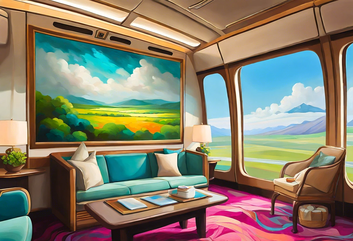 Interior of an airplane lounge featuring a large landscape painting, illustrating the comfort and aesthetics of transporting artwork on flights.