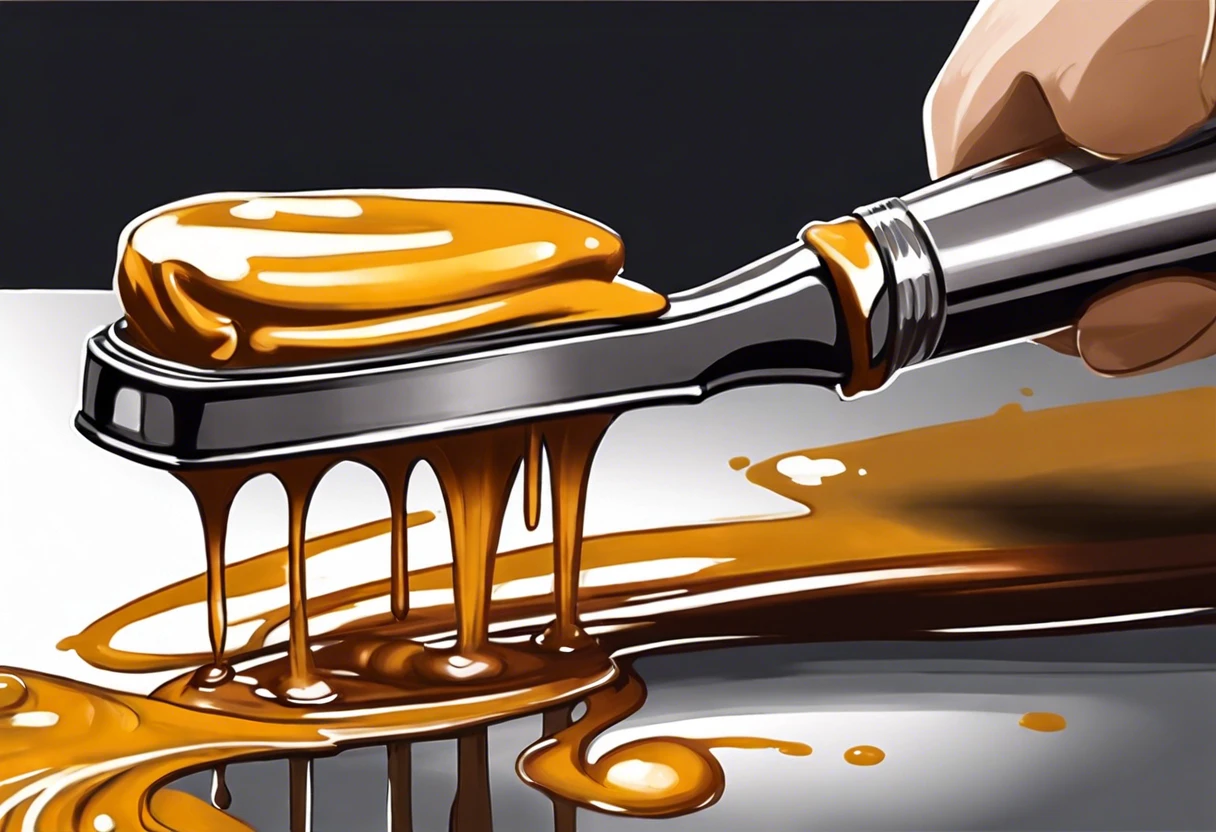 A brush with latex paint being applied over an oil-painted surface, demonstrating the technique of painting latex over oil.