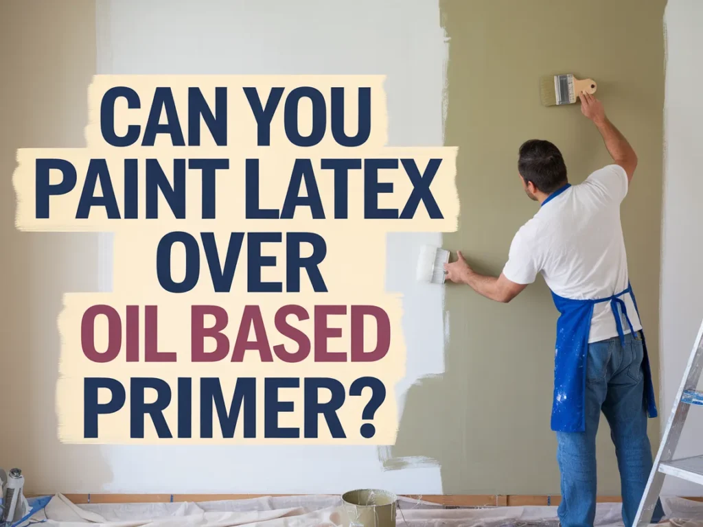 A person painting a wall with latex paint over an oil-based primer, related to the question of whether this is possible.