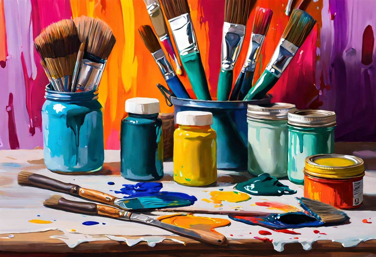 Colorful jars of latex paint and brushes, illustrating how latex paint can be thinned with water.