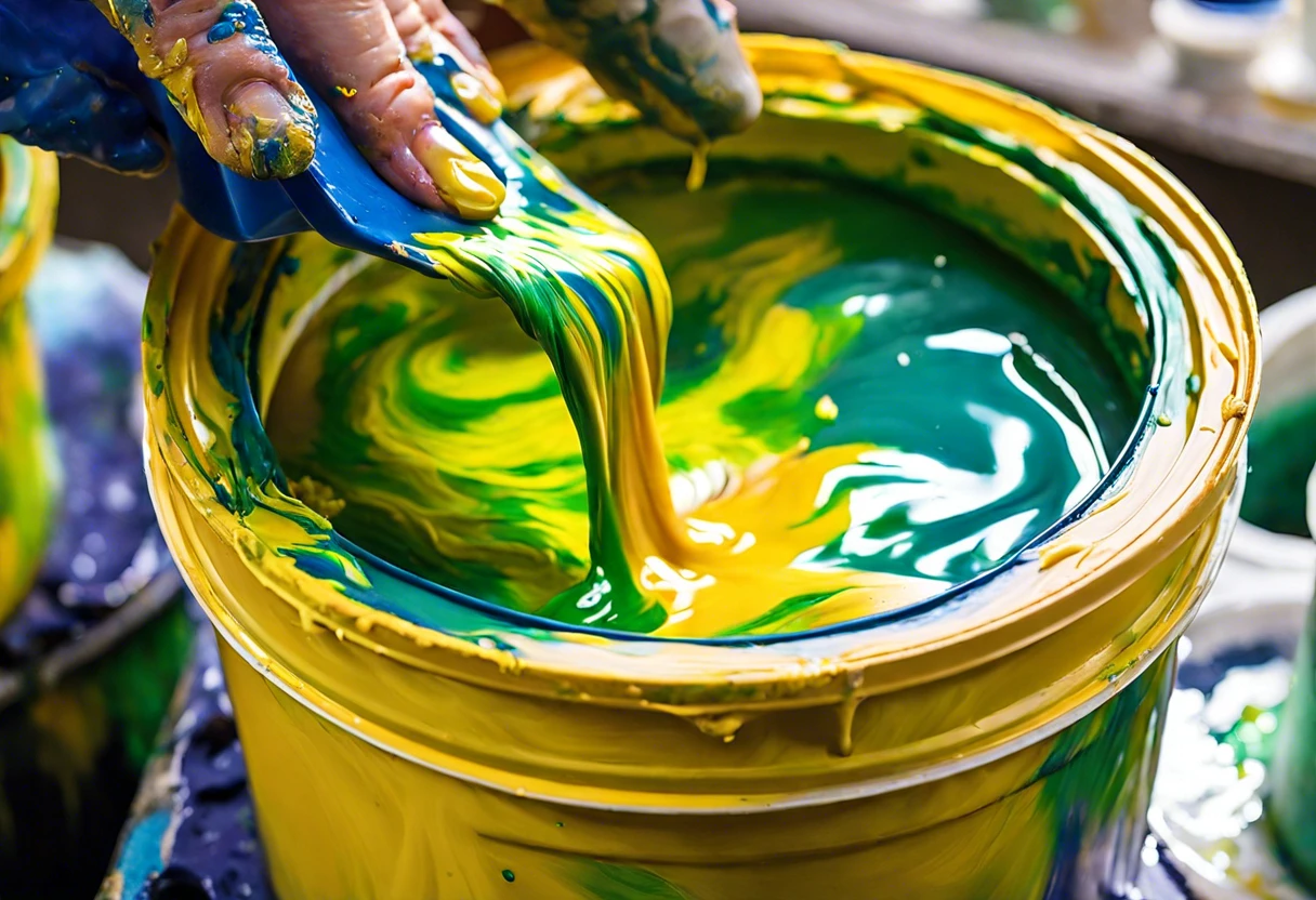 A hand mixing green and yellow latex paint in a container, relevant to thinning latex paint with water.