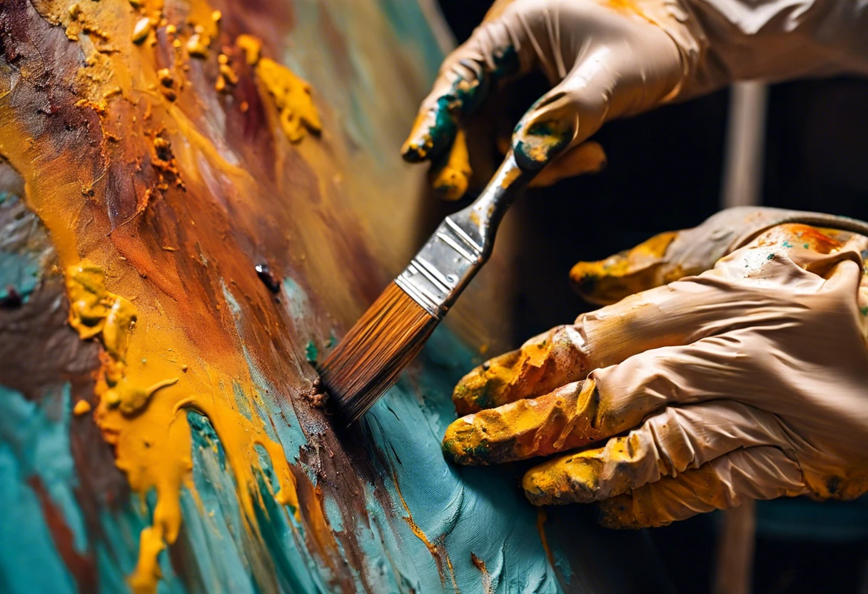 Close-up of hands applying lead-based paint with a brush, highlighting its vibrant colors.