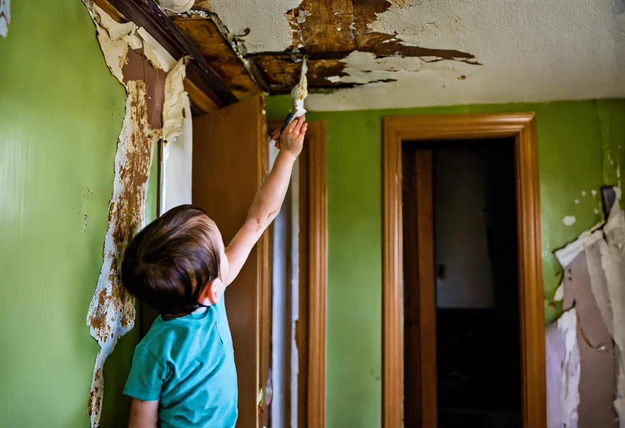 A child reaching for a deteriorating section of lead paint, highlighting the dangers of lead exposure.