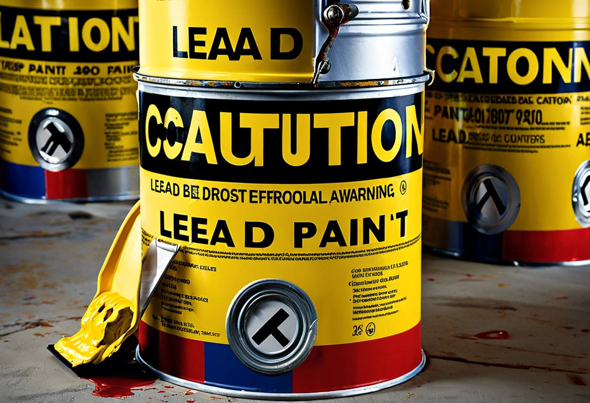 Warning sign on a lead paint can highlighting the dangers of lead exposure.