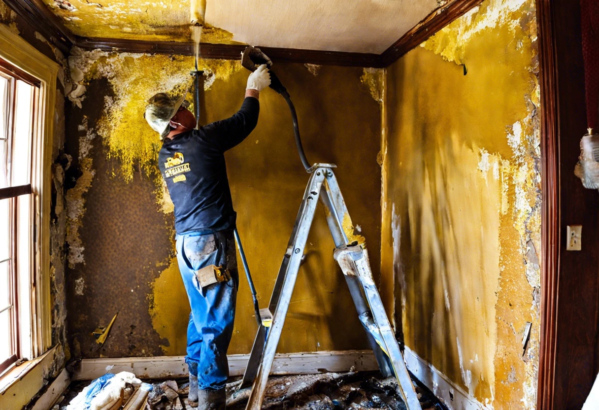 A homeowner using tools to remove lead paint from a wall in a house
