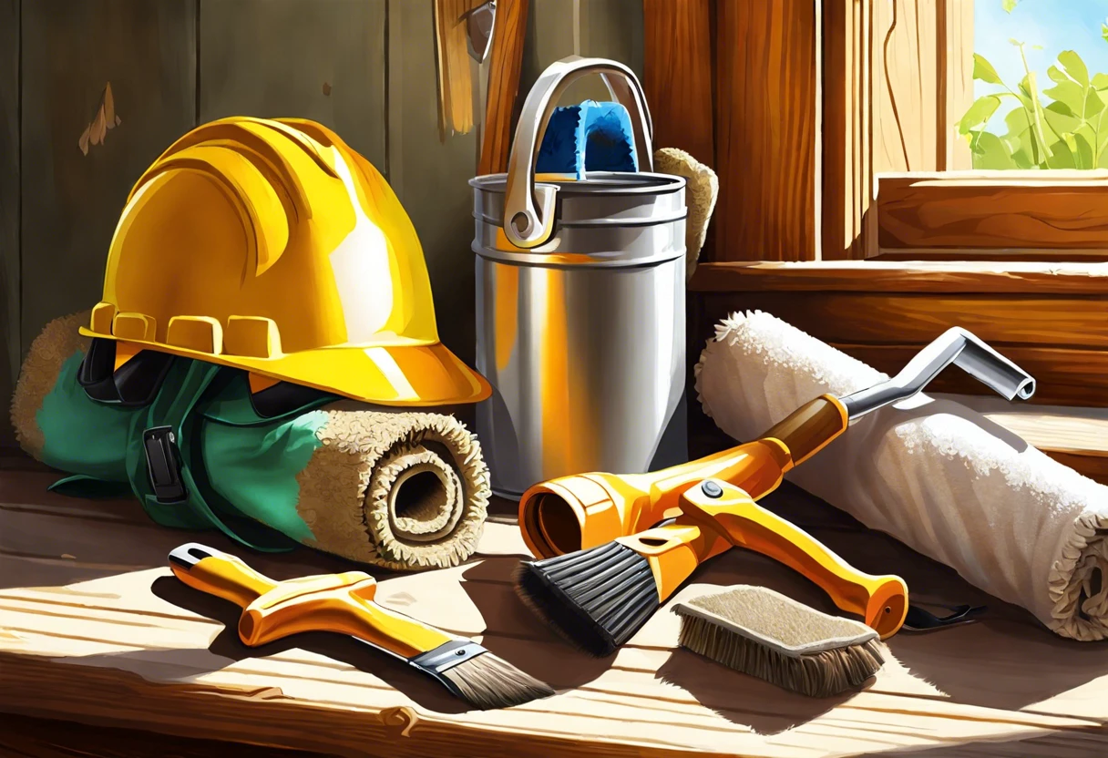 Variety of tools for removing lead paint: brushes, rollers, safety gear, and a paint can.