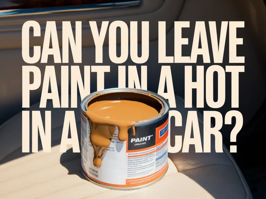 A can of paint spilling on a car seat, highlighting the risks of leaving paint in a hot car.