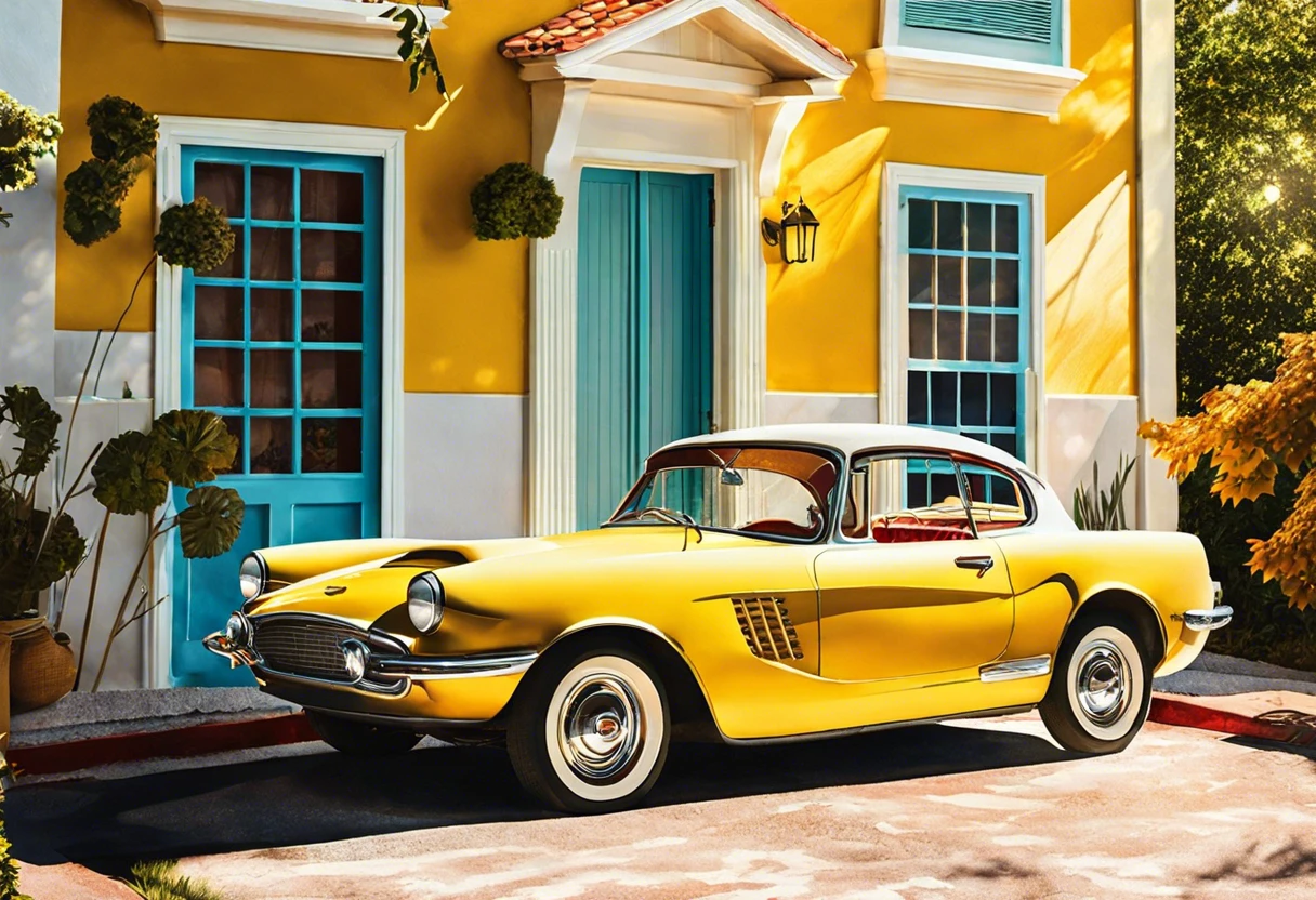 A vintage yellow car parked outside in front of a colorful house, illustrating considerations for leaving paint inside a vehicle.