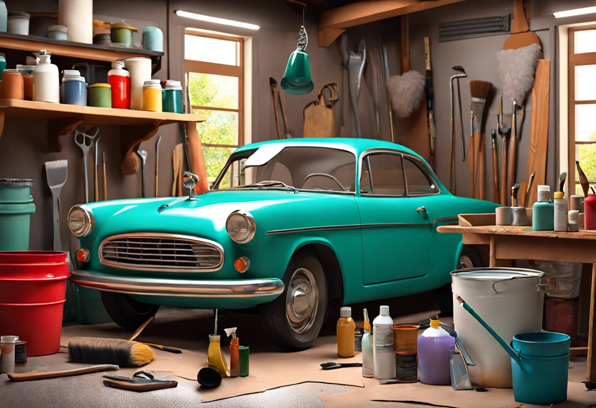 A vintage car surrounded by various paint cans and tools, illustrating the question of whether it's safe to leave paint in your car.