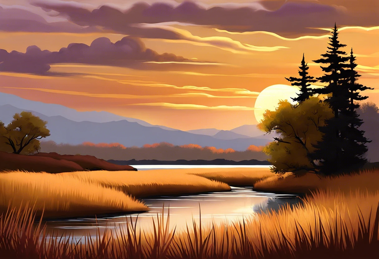 A beautiful landscape painting by Lee Reynolds showcasing a sunset over a serene river.