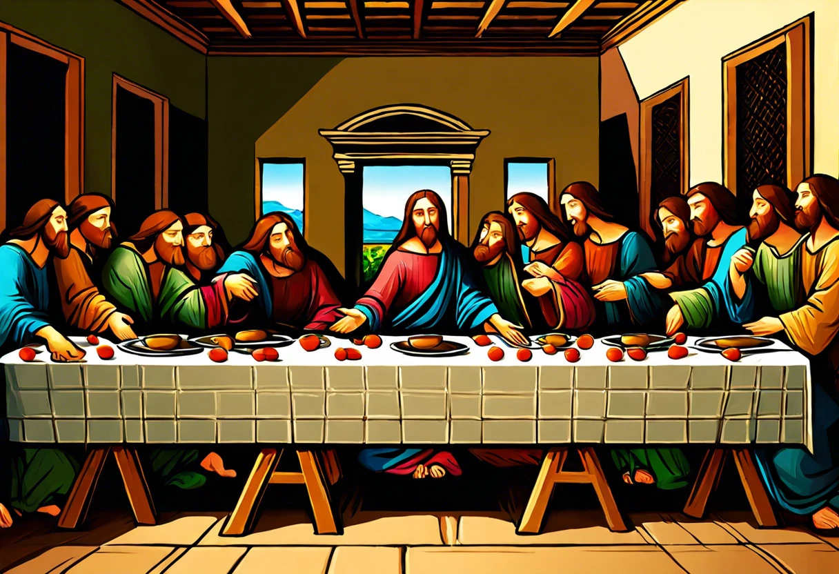 An artistic representation of The Last Supper, illustrating the scene where Jesus shares his final meal with his disciples, relevant to the reasons Leonardo da Vinci painted this iconic work.