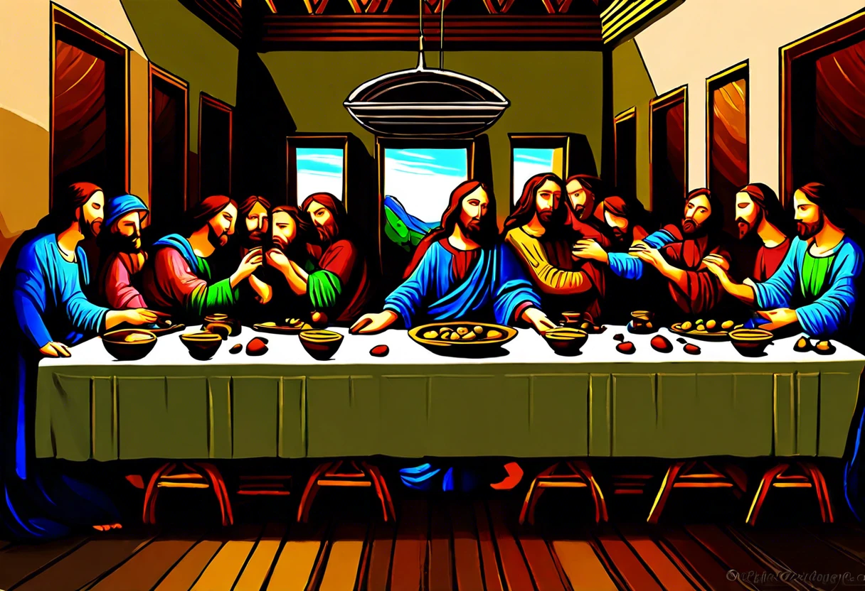 The Last Supper painting by Leonardo Da Vinci depicting the final meal of Jesus with his disciples.