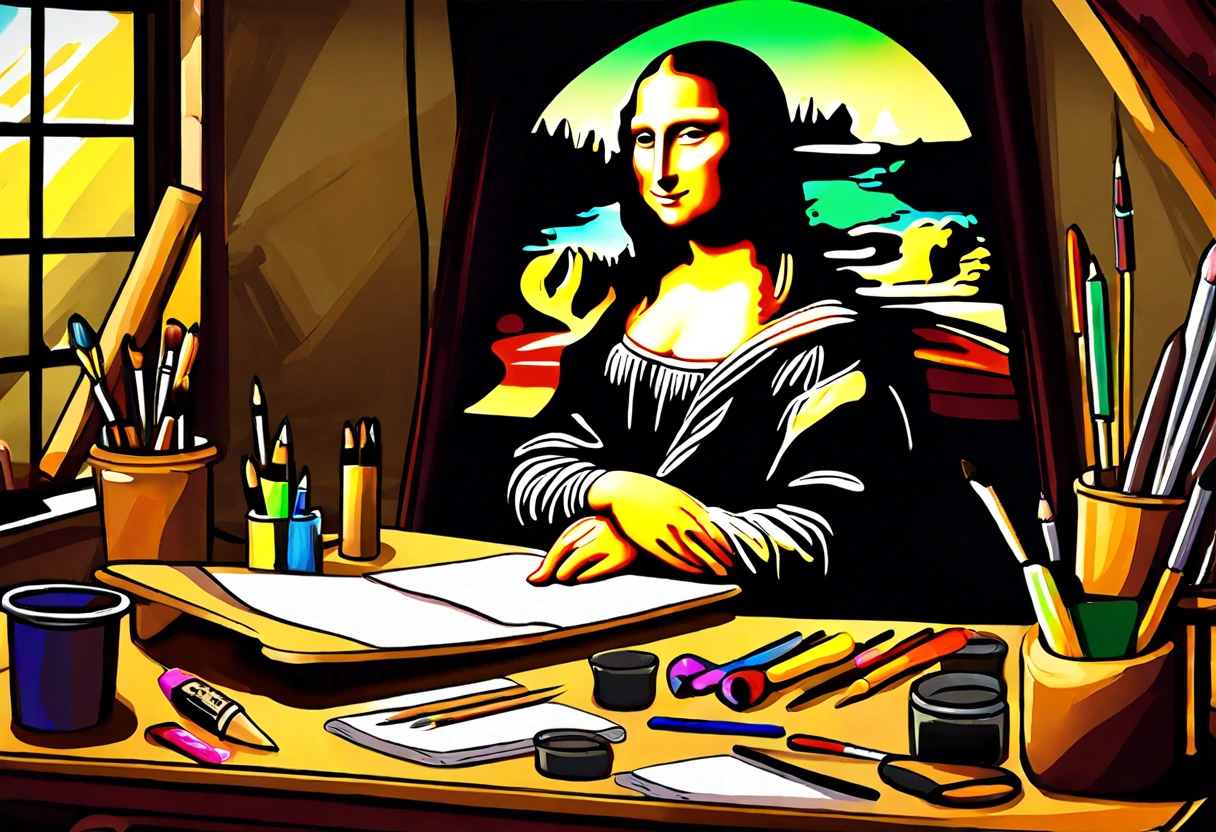 An artistic representation of the Mona Lisa painting by Leonardo Da Vinci, highlighting the artist's workspace.