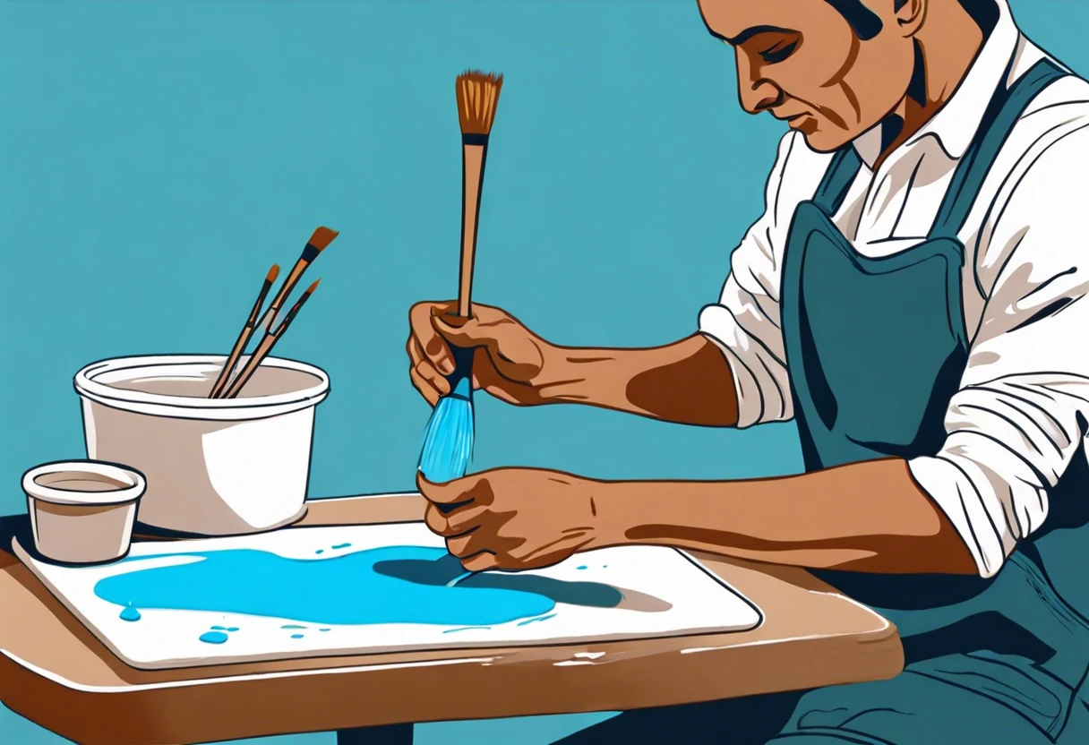 An artist mixing light blue paint using a brush and palette, illustrating the process of creating light blue paint.
