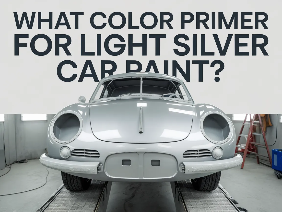 A light silver car in a garage setting for discussing primer colors suitable for light silver car paint.