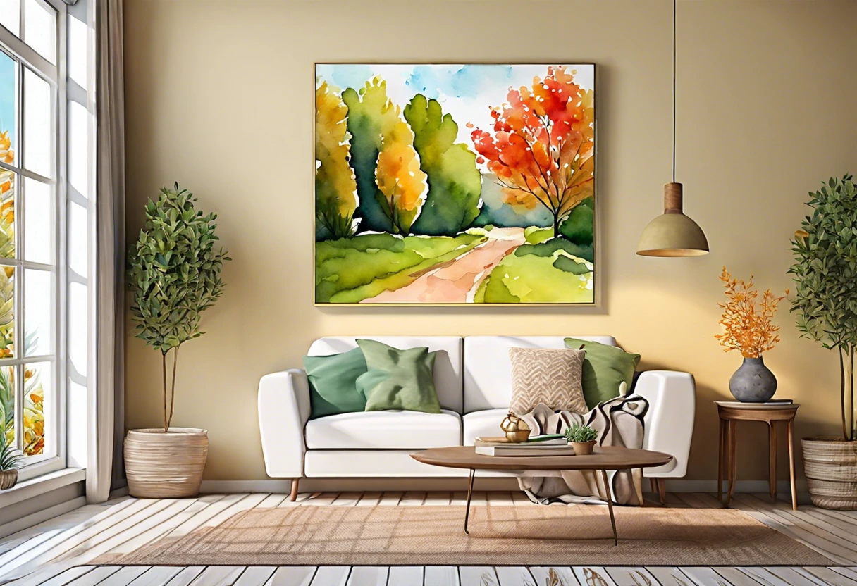 Living room featuring a colorful painting with trees and a pathway, relevant to Lowe's color matching paint service.