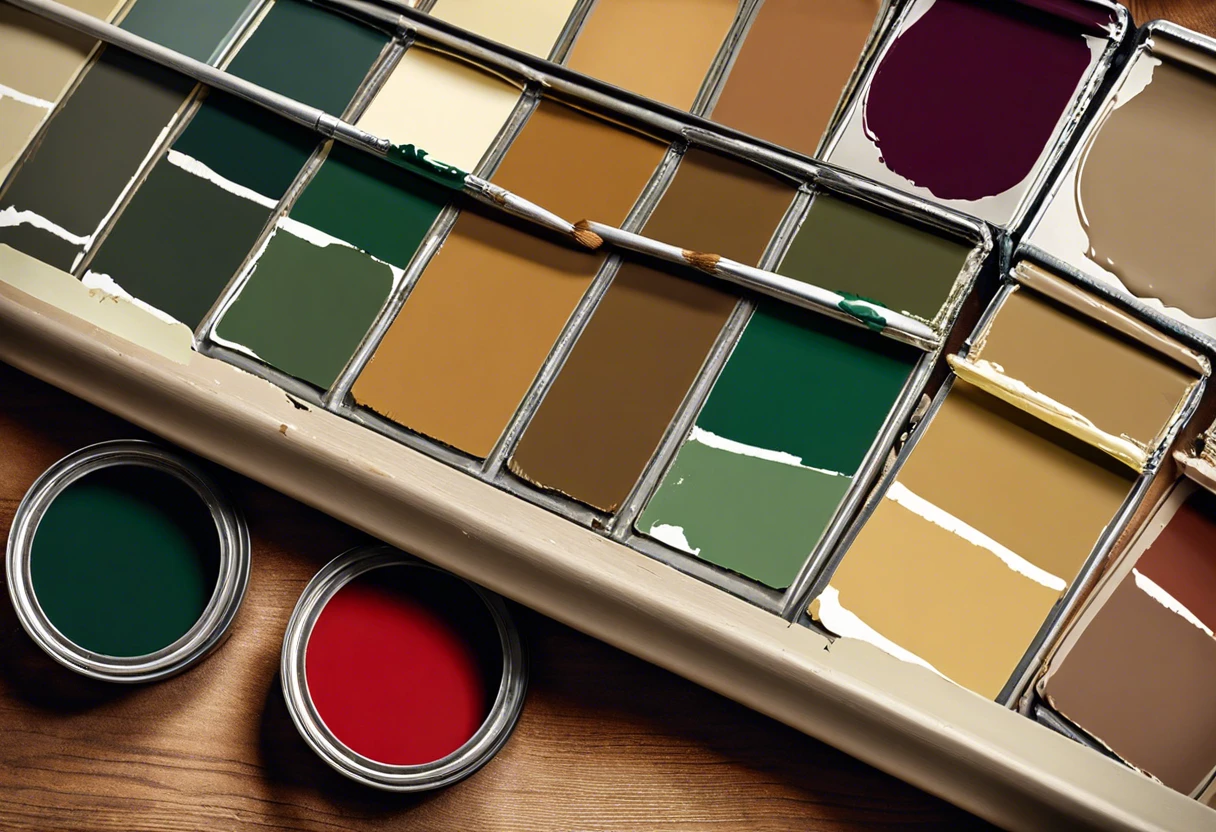 Palette of paint samples and cans, illustrating Lowes color matching capabilities.