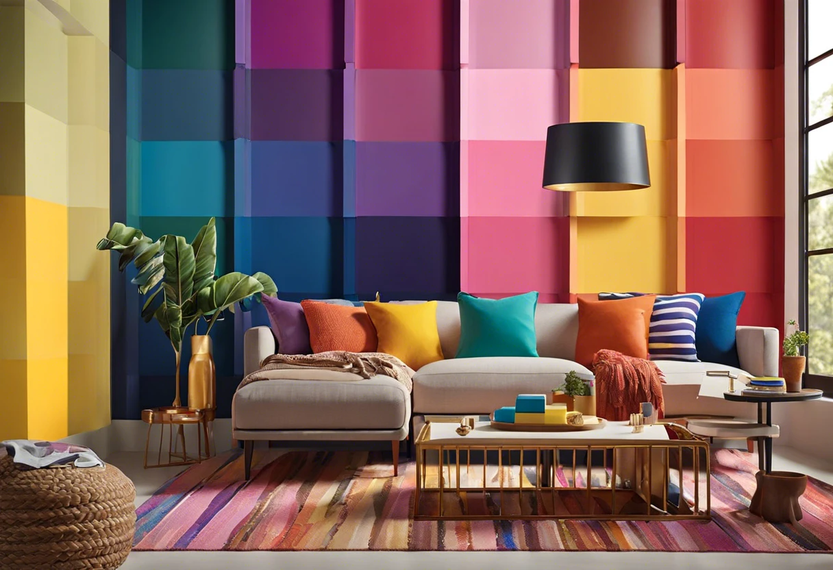 Colorful wall samples at Lowes showcasing various paint options for matching.