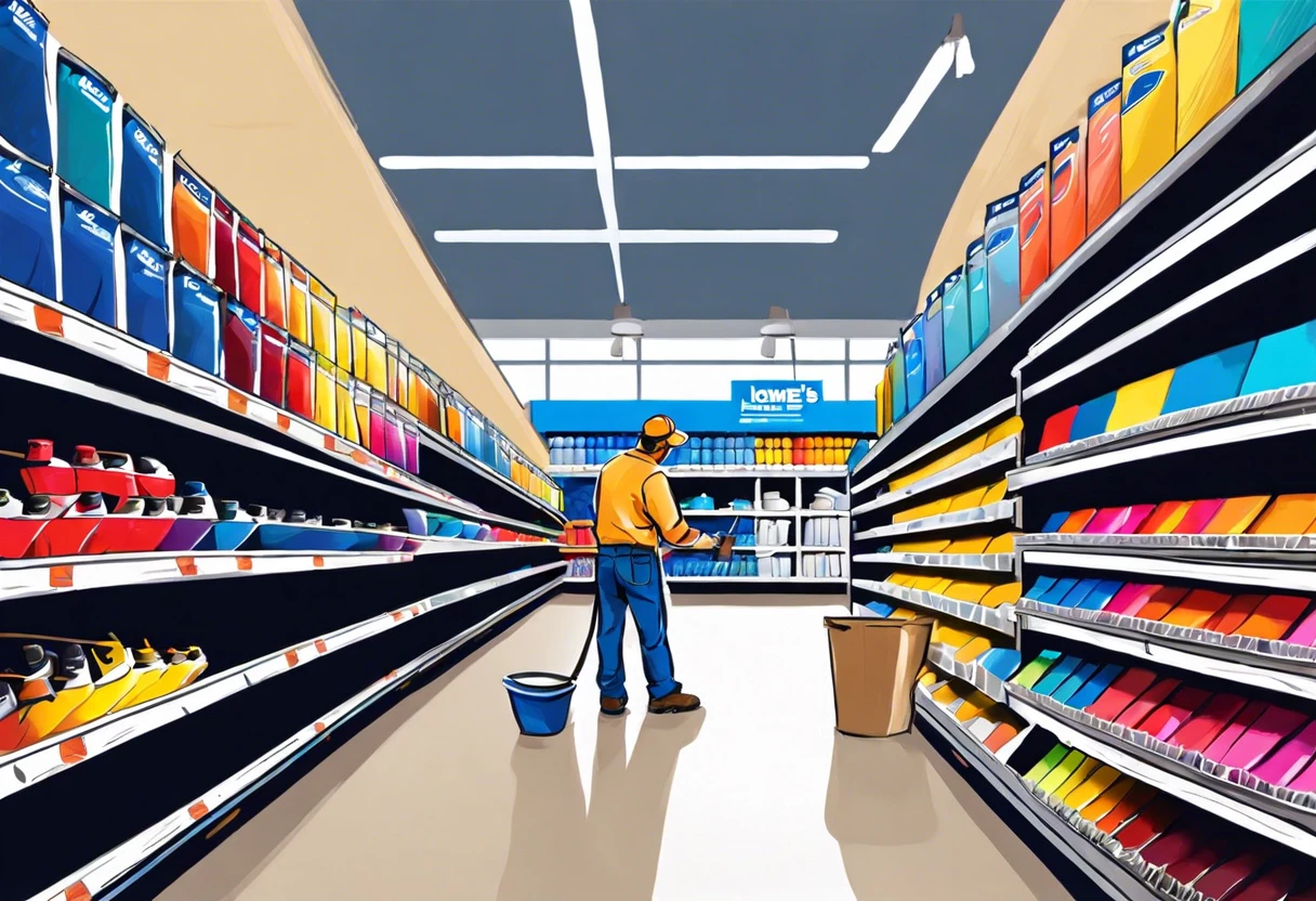 Illustration of a Lowe's store aisle displaying various paints and home improvement products, illustrating the layout of Lowe's locations.