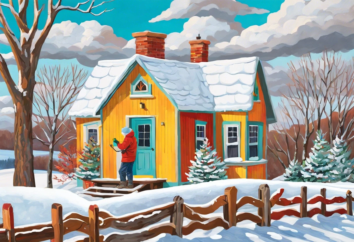 A person painting a colorful house in winter to illustrate the lowest temperature you can paint outside.