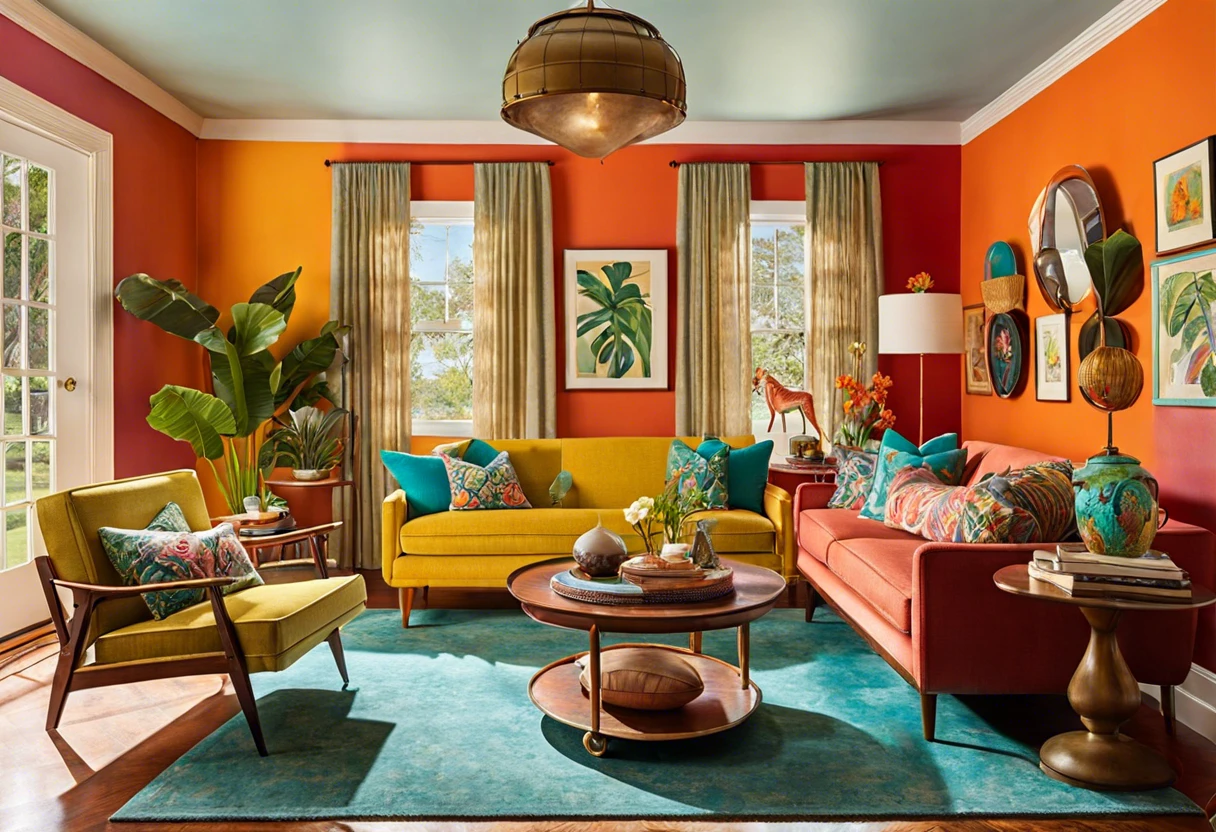 Colorful living room showcasing various paint LRV values with vibrant furniture.