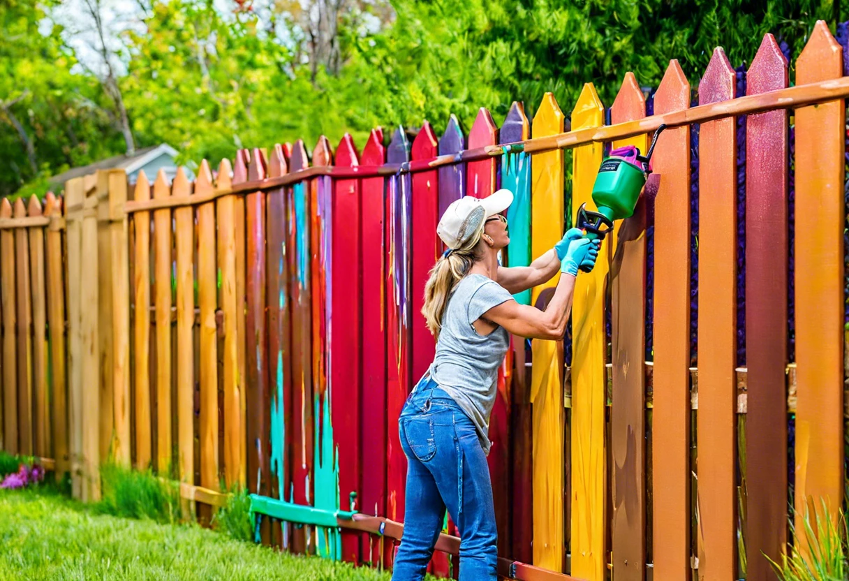 Person using a Magnum X7 paint sprayer to paint a colorful wooden fence.