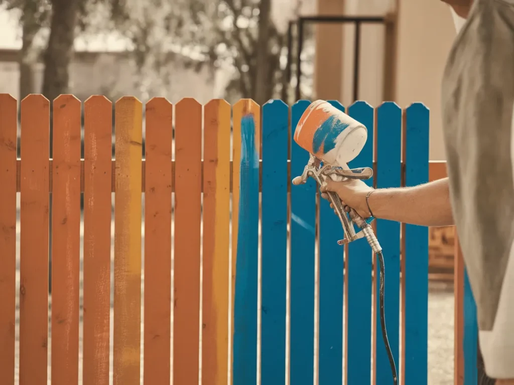 A person using a Magnum X7 paint sprayer to paint a fence with vibrant colors.