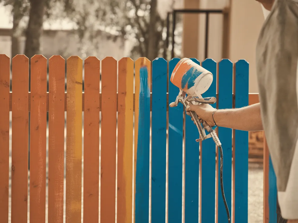 A person using a Magnum X7 paint sprayer to paint a fence with vibrant colors.