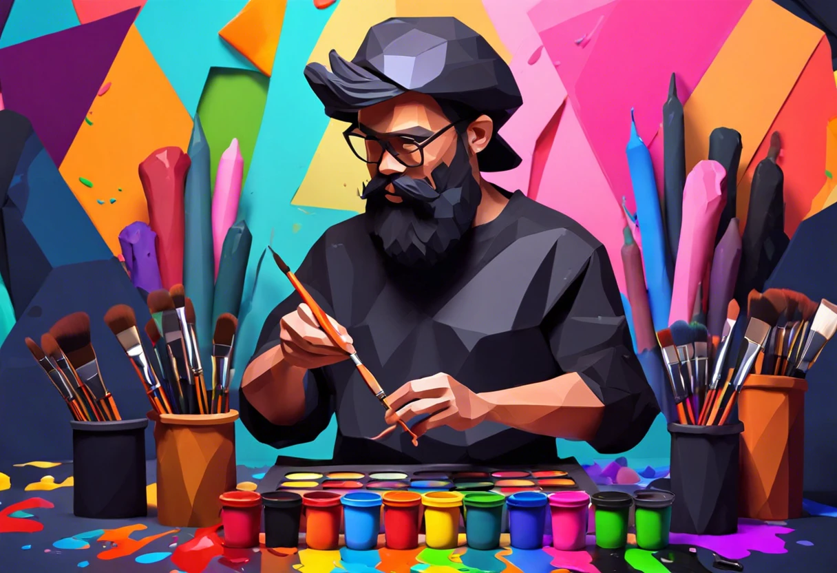 An artist mixing colors to create black paint in a colorful studio.