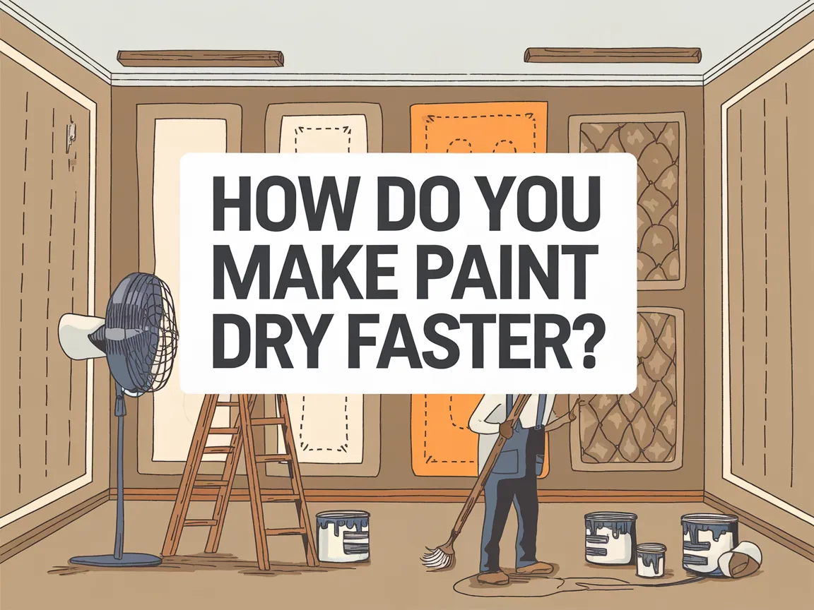 Illustration of a person painting a wall with a fan and paint cans to demonstrate techniques to make paint dry faster.