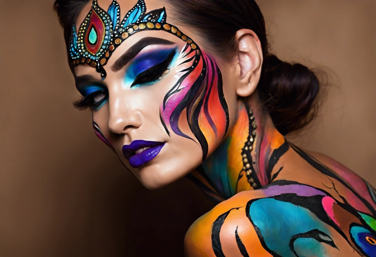 A woman with colorful body paint and makeup, illustrating the technique of applying makeup on top of body paint.