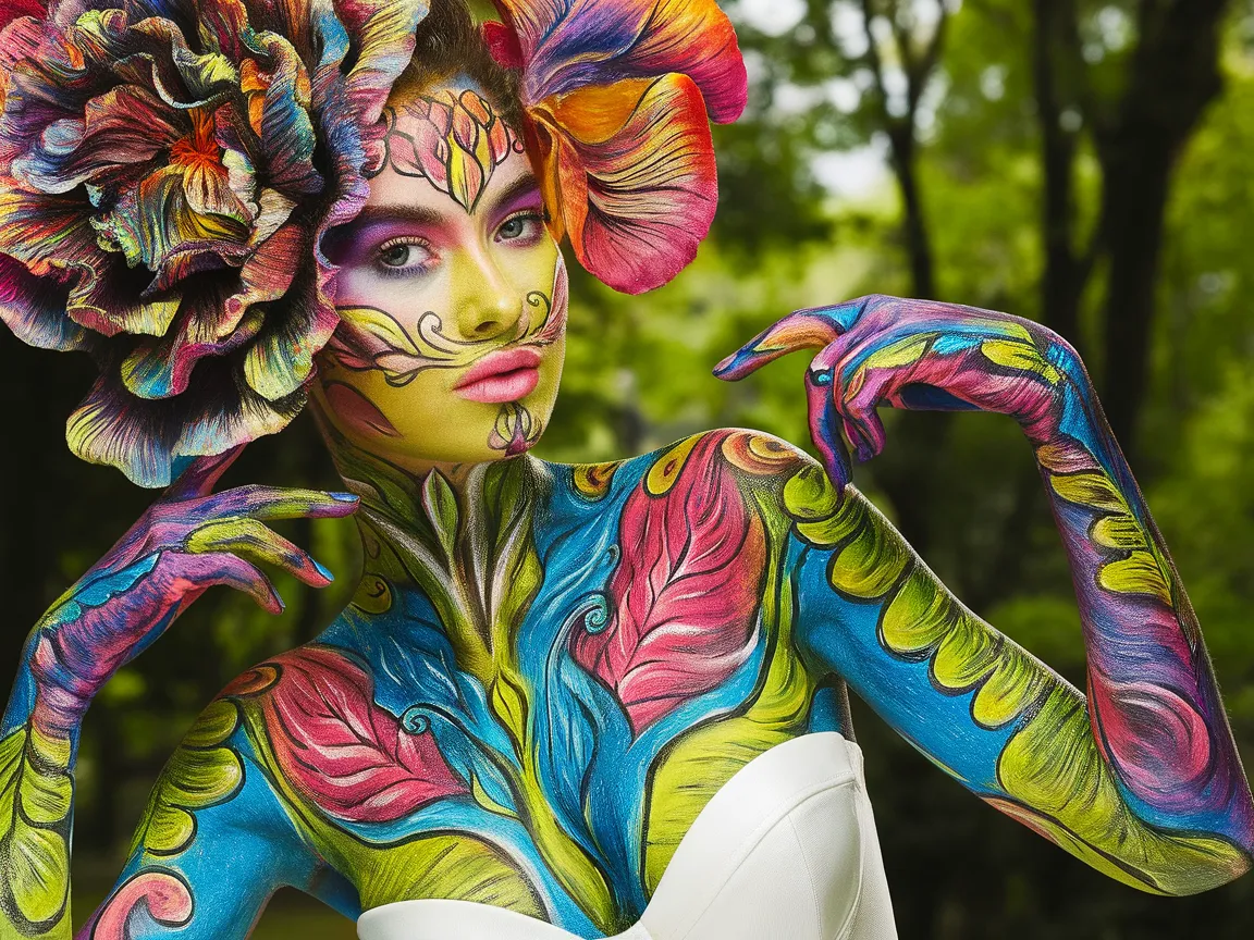 Model with body paint and floral designs, demonstrating the application of makeup over body paint