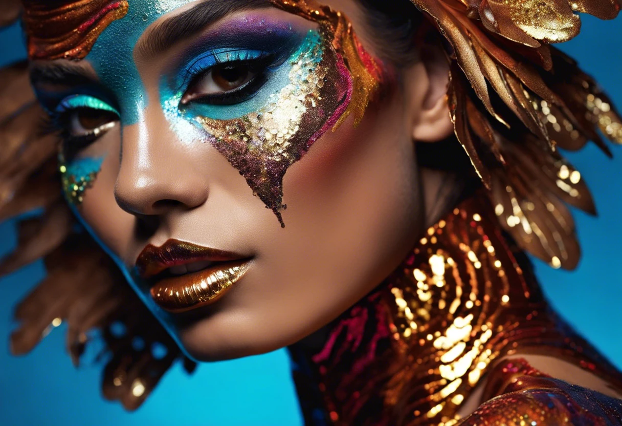 A close-up of a model with vibrant body paint and makeup, exploring the concept of applying makeup on top of body paint.