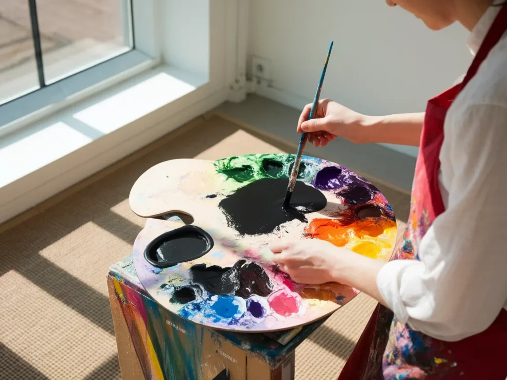 Artist mixing ingredients on a palette to create black paint.