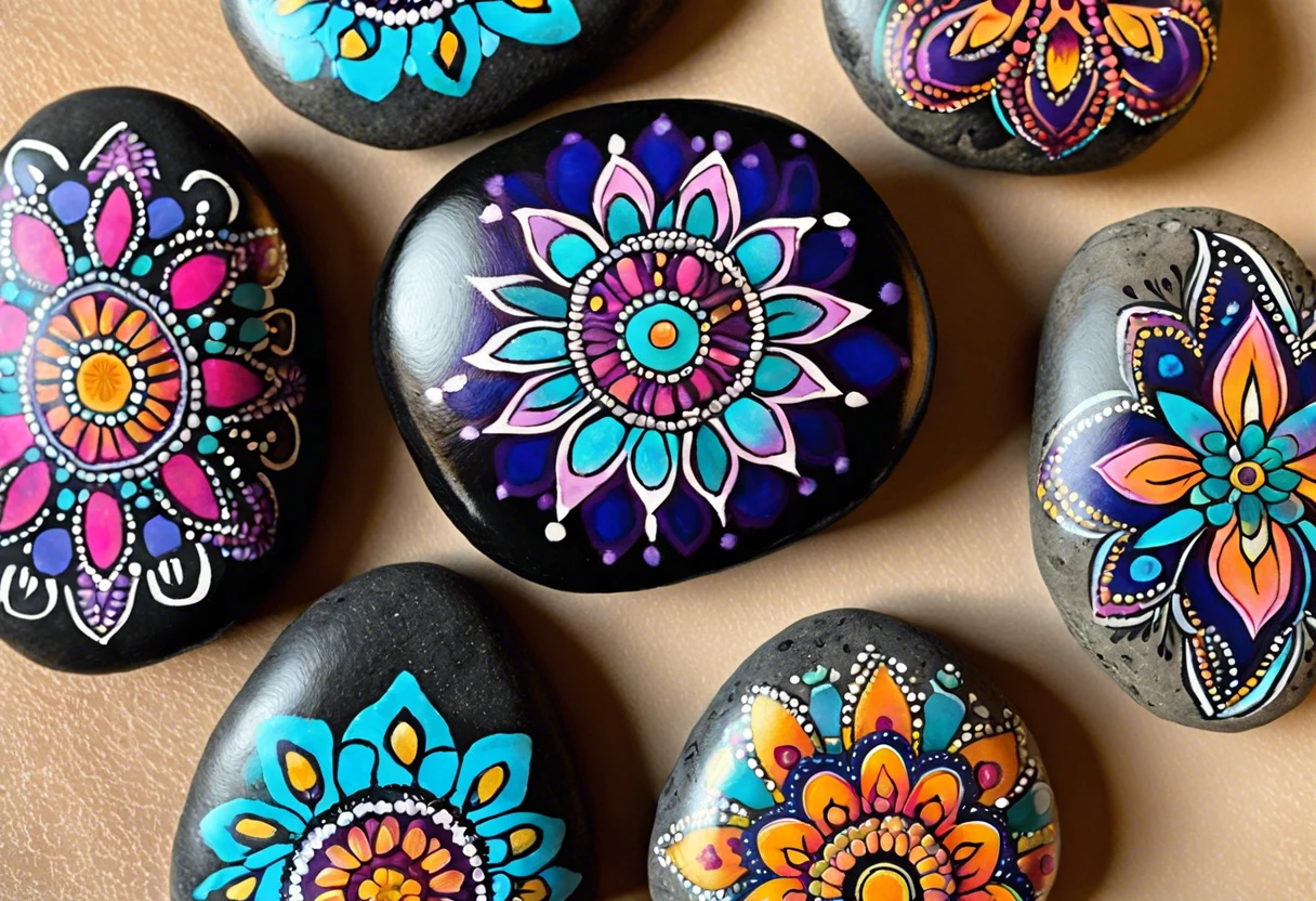 Colorful mandala designs painted on different rocks, showcasing rock painting techniques.