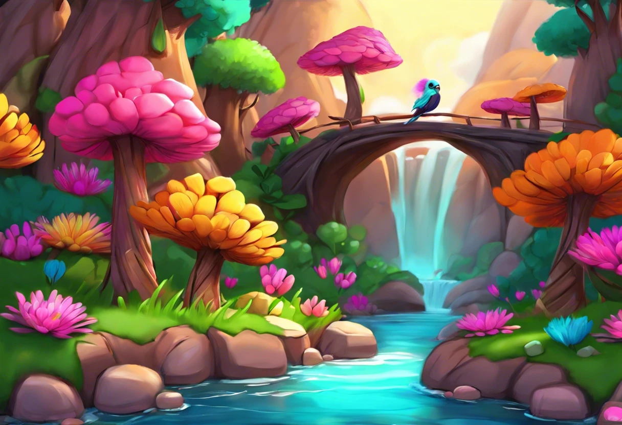 Colorful animated landscape created in MediBang Paint showcasing a vibrant scene with a bridge and waterfall.