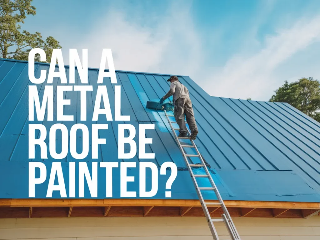 A person painting a blue metal roof with a roller, emphasizing the possibility of painting metal roofs.