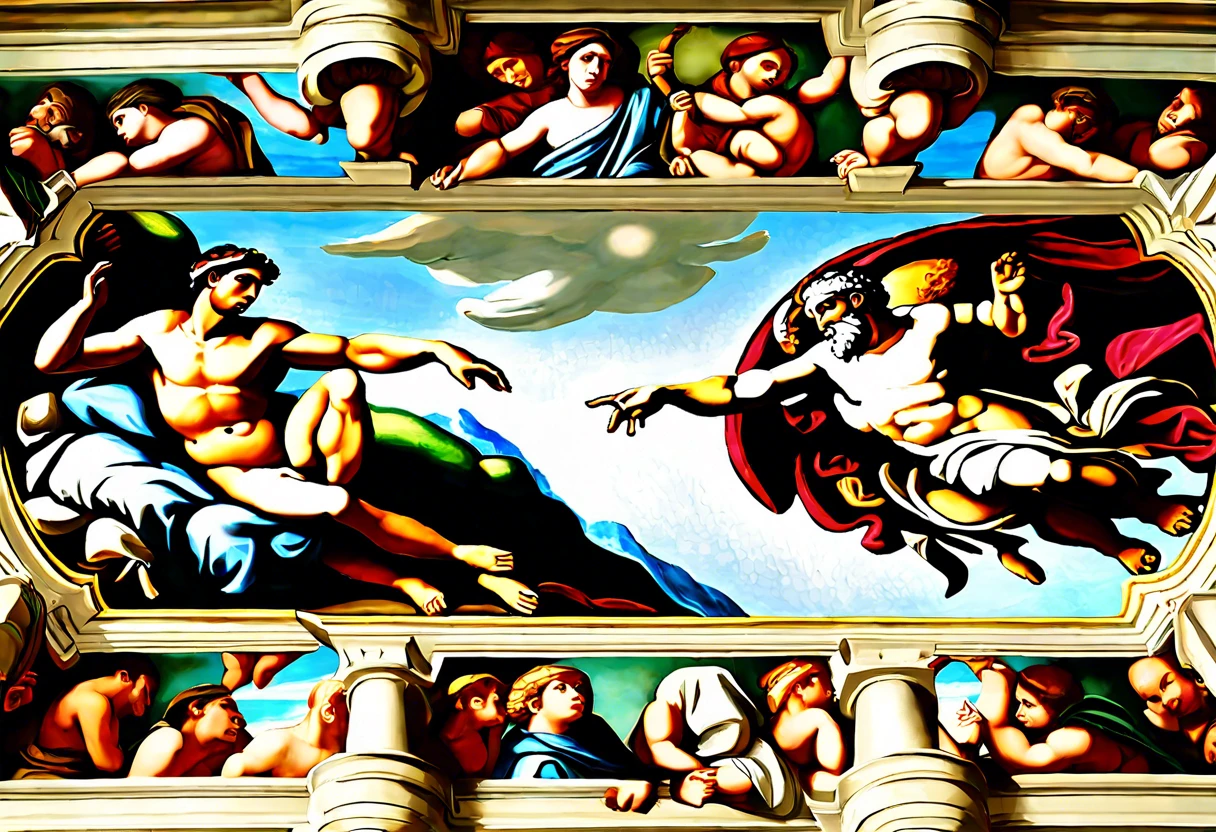 Famous painting by Michelangelo depicting the Creation of Adam on the ceiling of the Sistine Chapel.